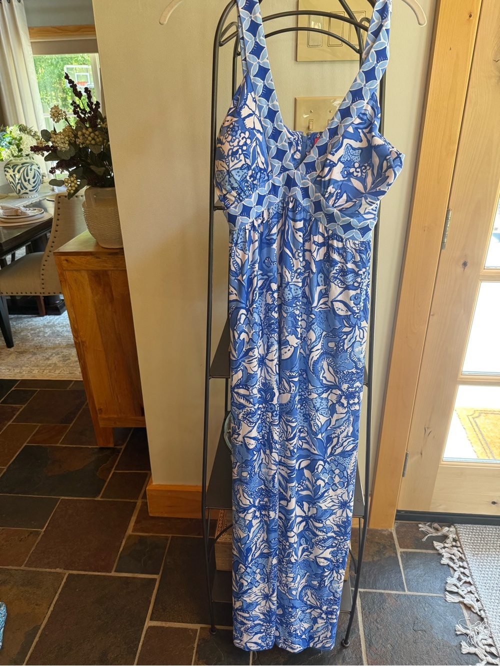 Lilly Pulitzer Blue and White Floral V-Neck Maxi Dress
